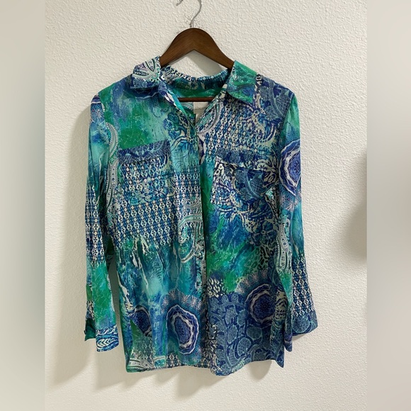 Chico's Blue and Green Patterned button down cotton Blouse - Picture 1 of 7